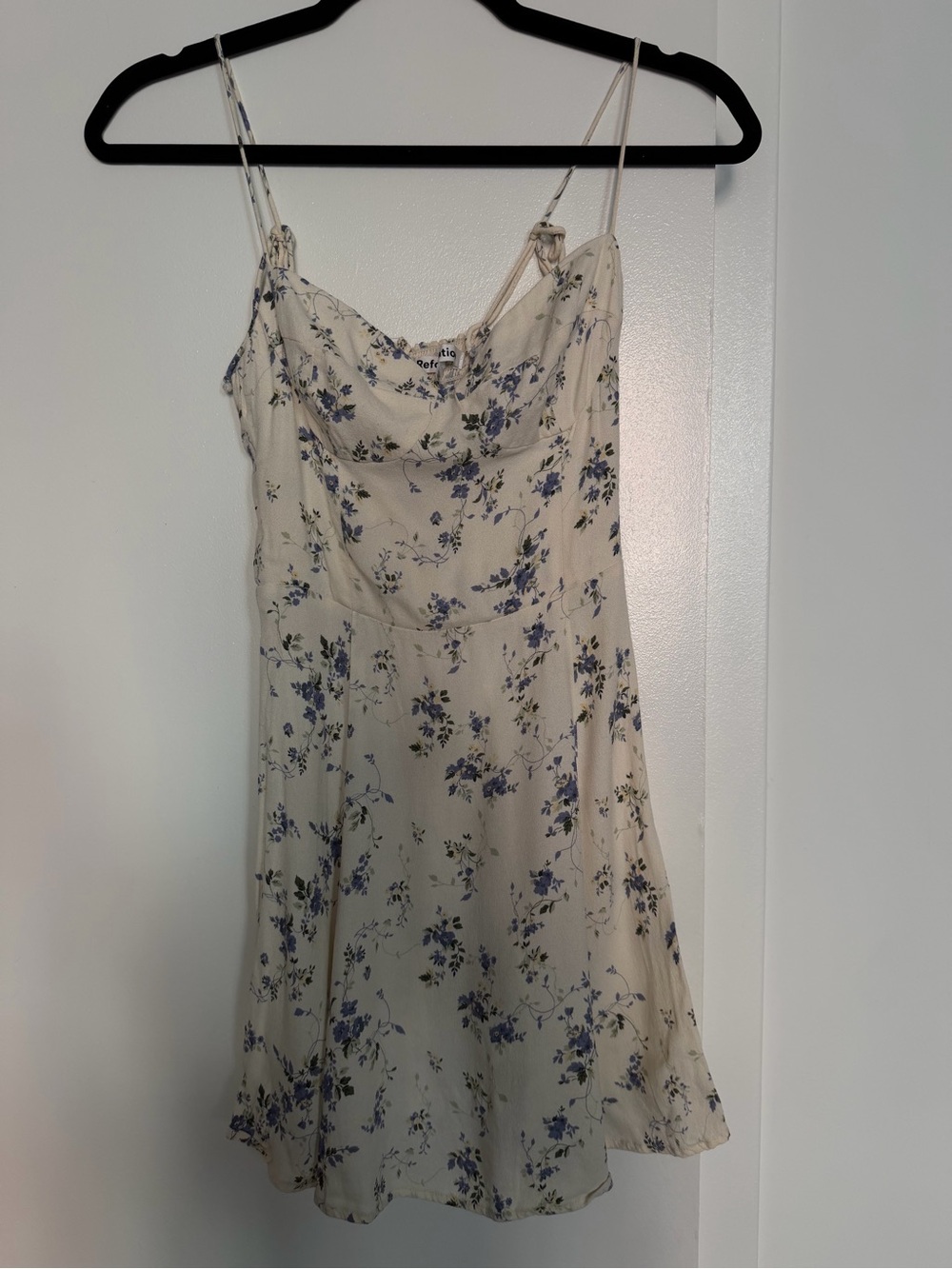 Reformation Cream Mini Dress with Blue Floral Print